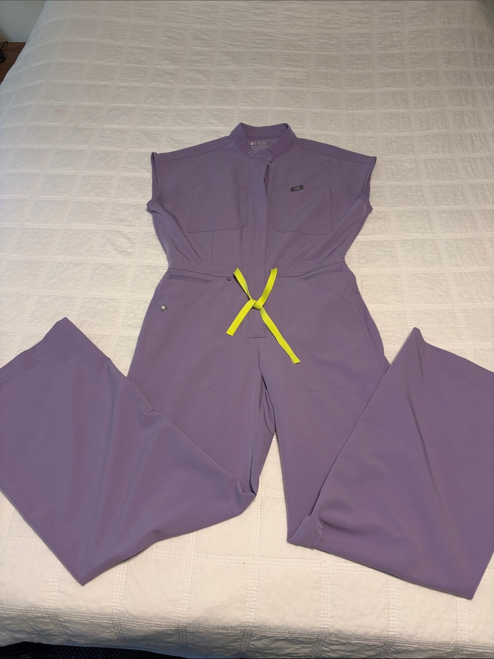 Figs Purple Haze Wide-Leg Rafaela Jumpsuit with Neon Yellow Drawstring